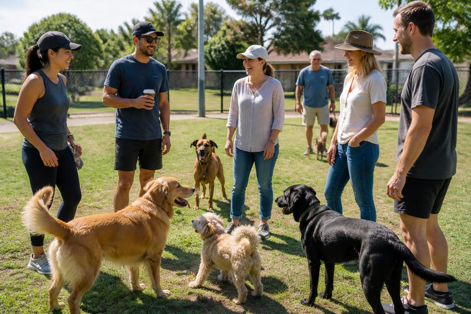 Two dog owners chatting at a suburban dog park while their dogs play together
