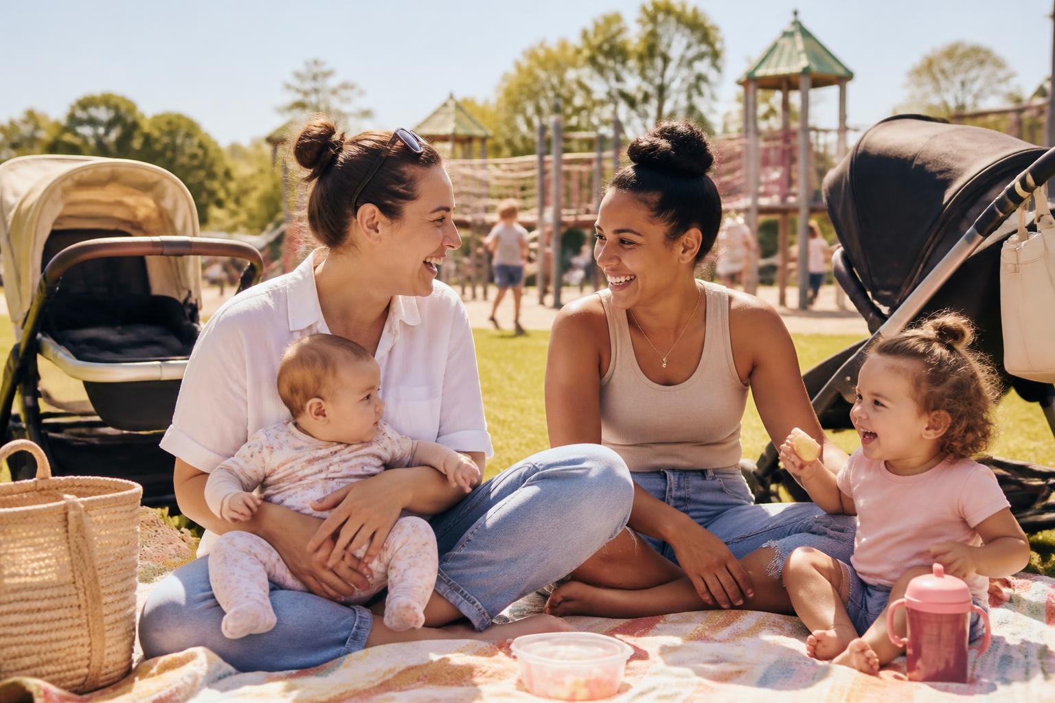 Two parents with prams chatting at a park playground while their children play nearby