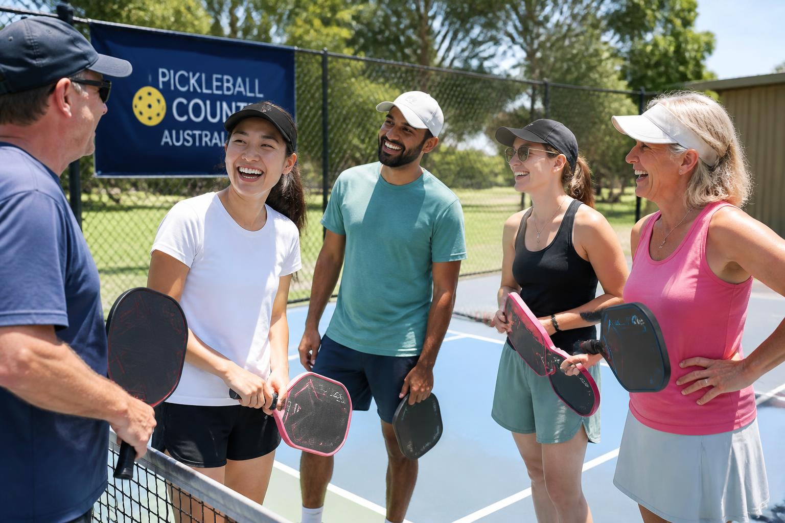 A mixed group of Australian adults laughing during a casual, social game of pickleball